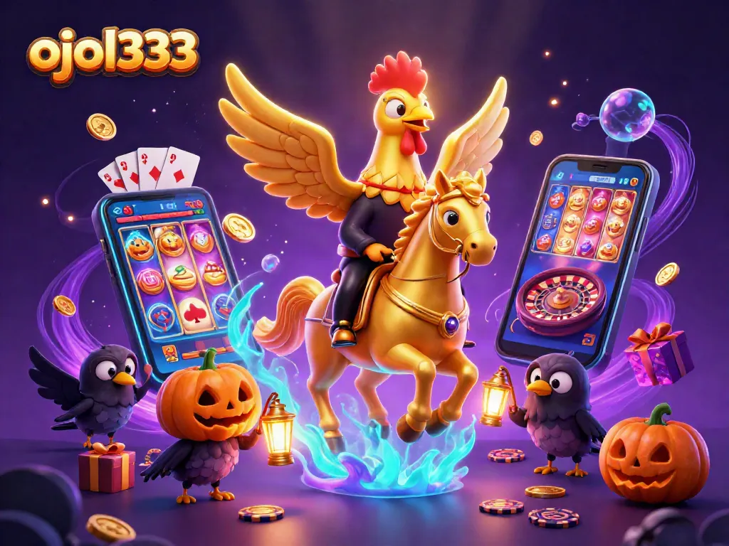Engage with ojol333 as the golden rooster rides through a vibrant midnight casino, showcasing exciting games.