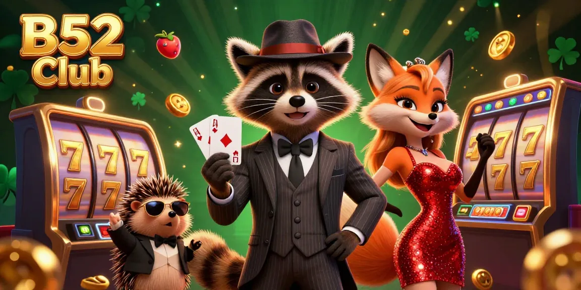 B52 Club: Enjoy a lively casino scene with a raccoon, fox, and hedgehog surrounded by slot reels and golden elements.
