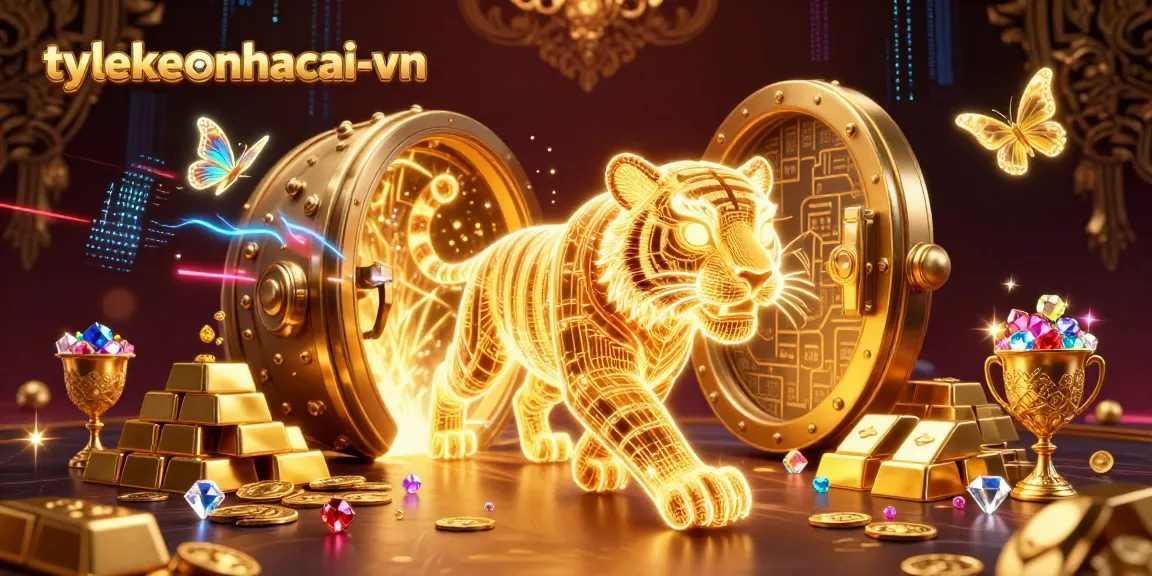 tylekeonhacai-vn captures vibrant casino action with a golden tiger and holographic butterflies.