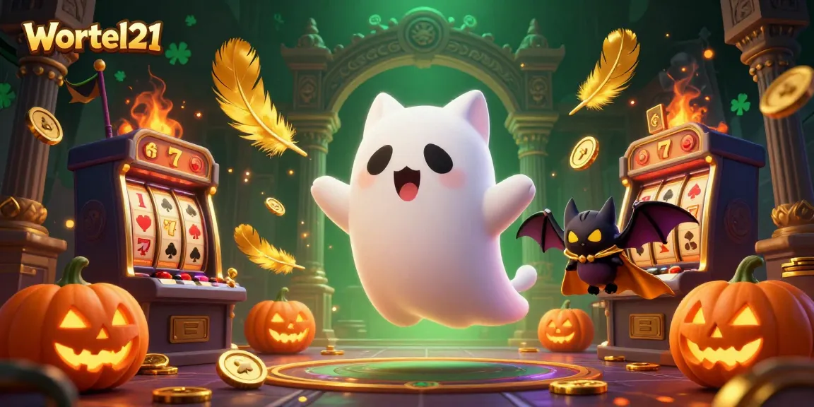 Experience slots action at Wortel21 with a playful ghost cat and vibrant casino elements.