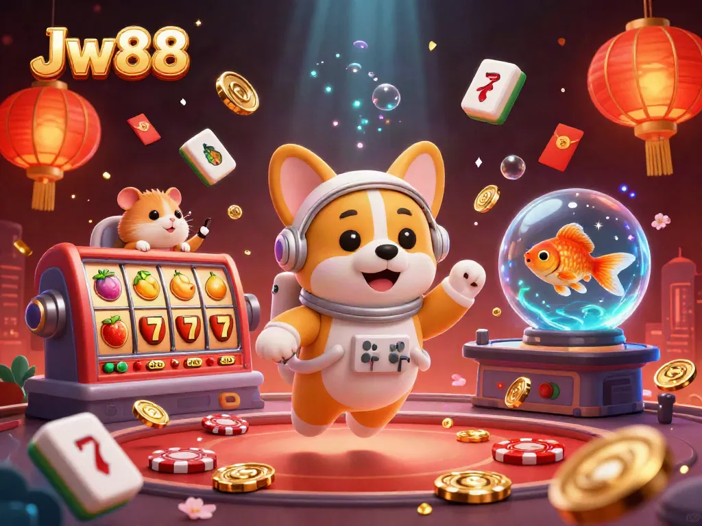 Engage with Jw88 in a vibrant casino space scene featuring an astronaut corgi, floating poker chips, and jackpot elements.