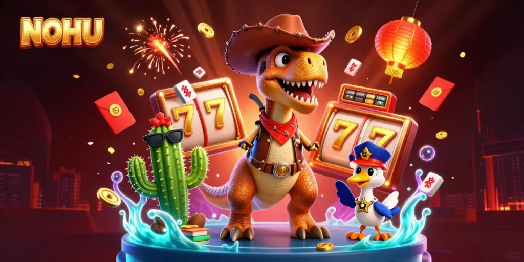 Engage in thrilling gameplay at NOHU with animated slot reels and festive decor.