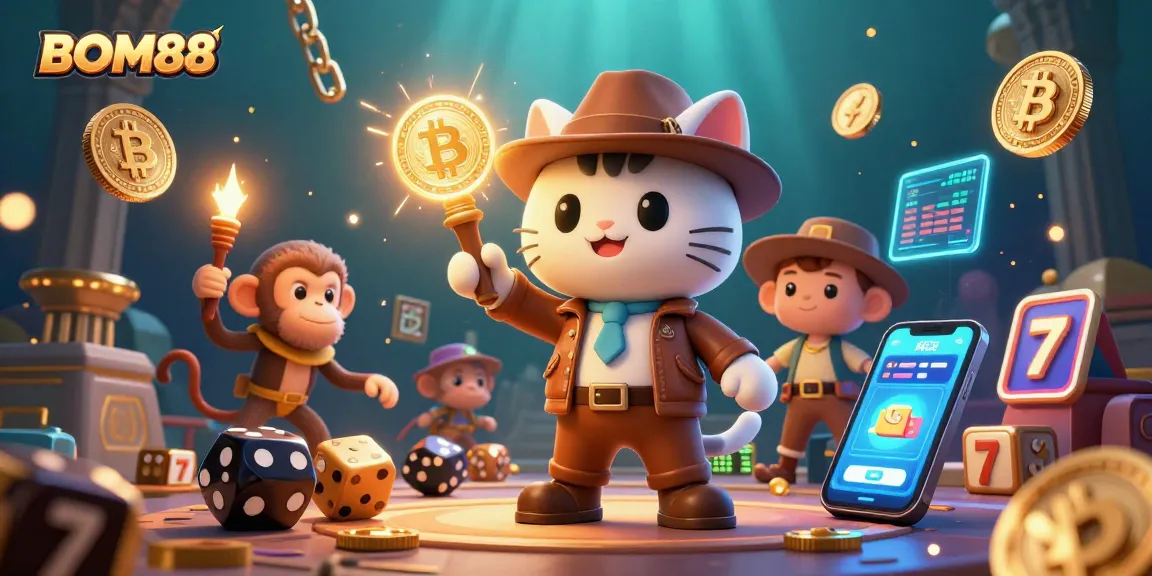 Experience BOM88 with a 3D cartoon explorer cat discovering golden casino artifacts amidst vibrant gambling elements.