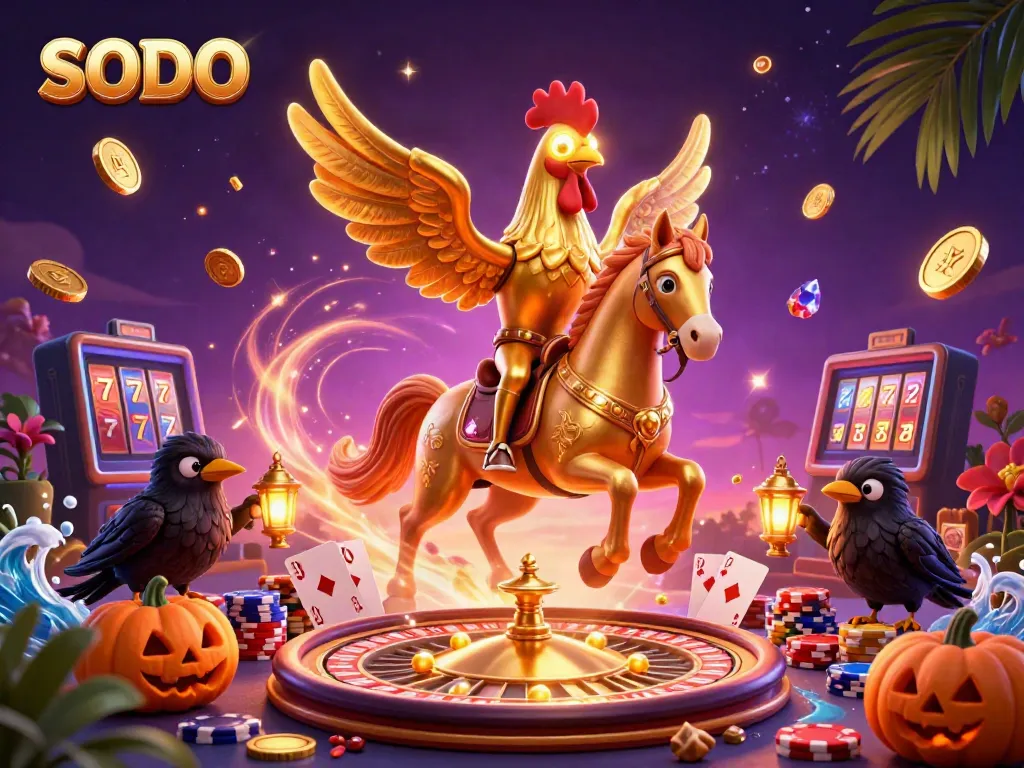 SODO casino illustration with a golden rooster and dynamic gaming elements, showcasing exciting slots and roulette.