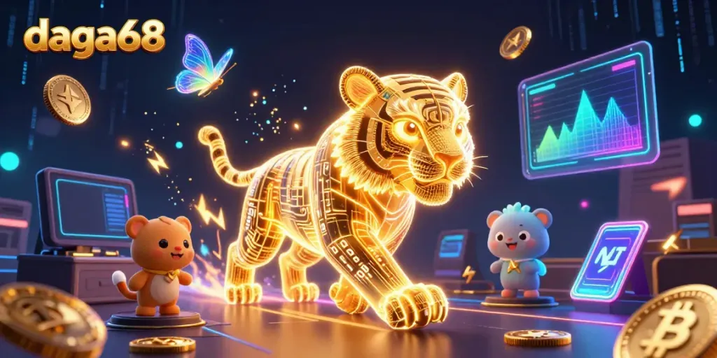 Engage with daga68 in a thrilling neon-lit casino, featuring a golden glowing tiger and cryptocurrency elements.