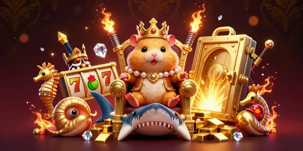 Engage with thrilling games at Manclub with a golden hamster king in a vibrant casino scene.