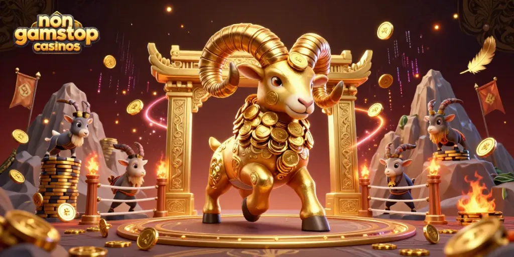 Experience the excitement of non gamstop casinos with a dynamic scene featuring a golden ram and mountain goat spectators.