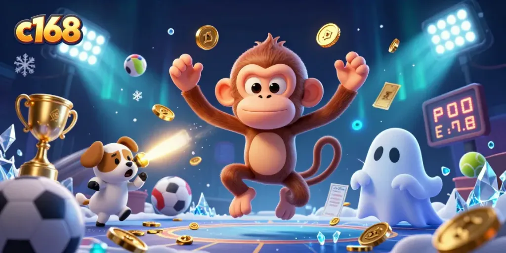 Experience the thrill of c168 with a mischievous monkey juggling gold coins in a haunted casino.