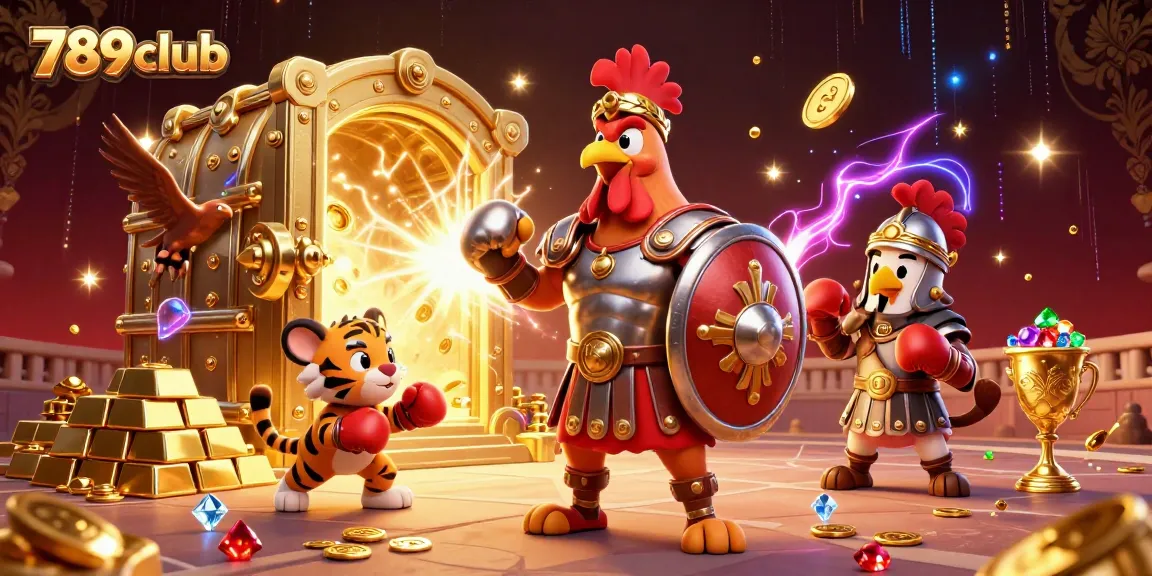 Win big at 789club with an epic illustration of a gladiator rooster and treasures.