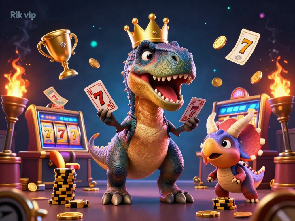 Rik vip showcases a fun T-Rex shuffling cards in a dynamic casino scene surrounded by golden chips and jackpots.