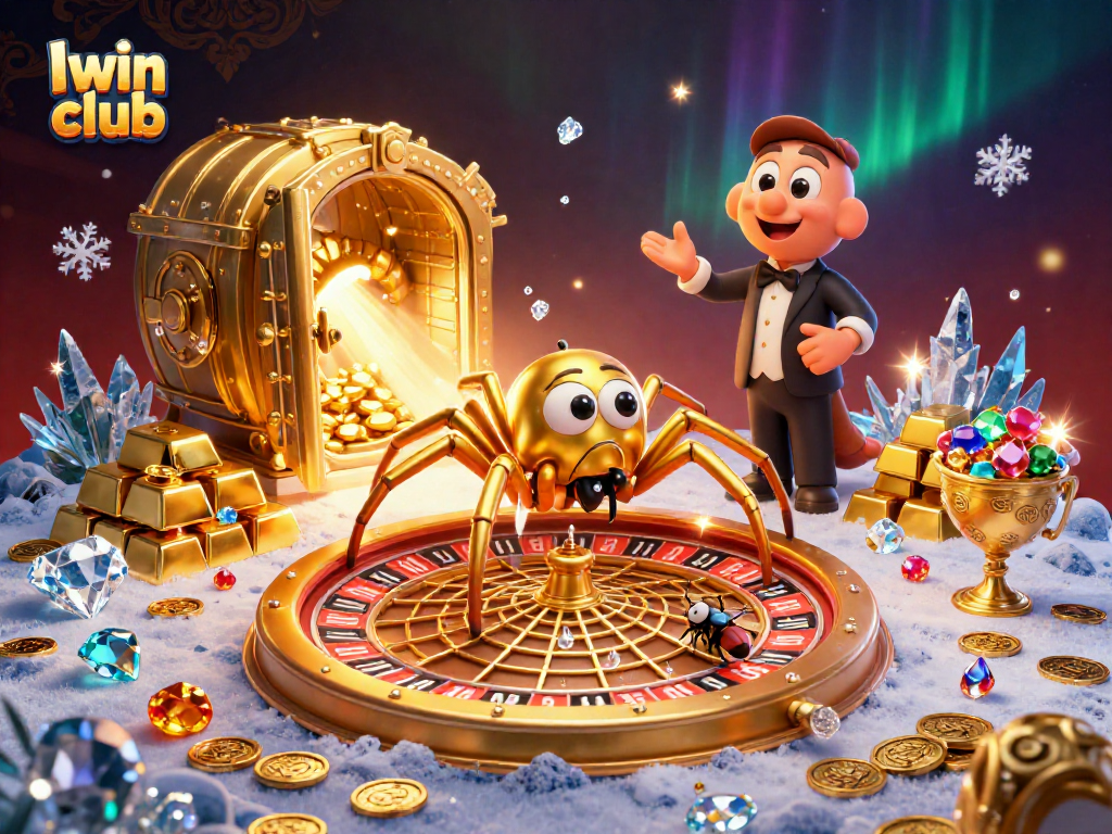 Iwin club promises thrilling bets with a roulette wheel web spun by a golden spider and centipede croupier.