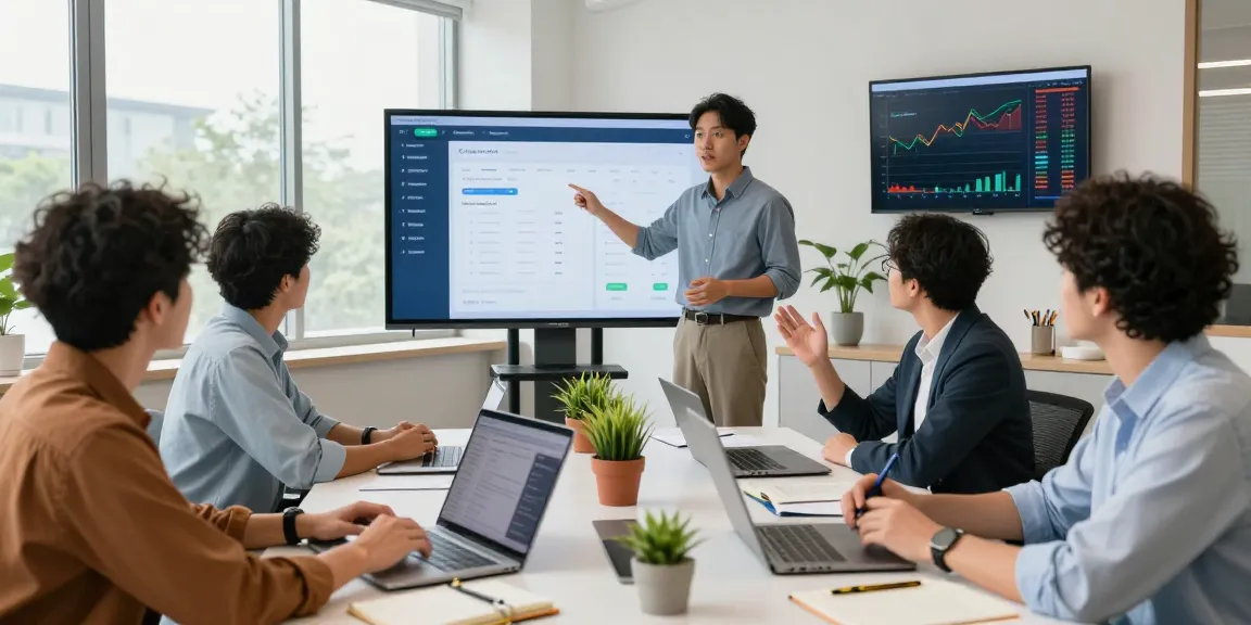 Group of professionals discussing an online payment gateway in a bright conference room, showcasing digital finance.