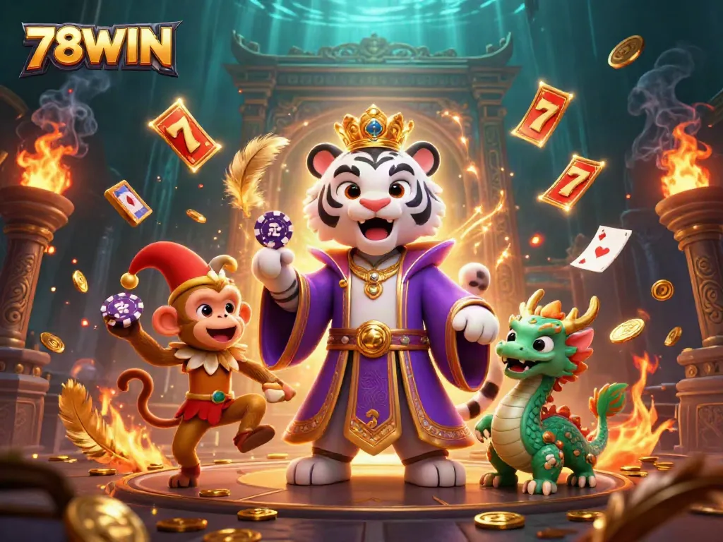 Enjoy exciting gameplay at 78WIN with a vibrant illustration featuring a white tiger, jester monkey, and jade dragon.