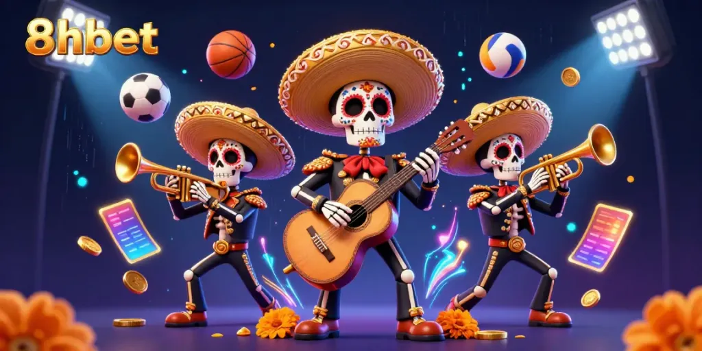 Engage in thrilling games at 8xbet with a vibrant mariachi backdrop and dynamic sports betting elements.