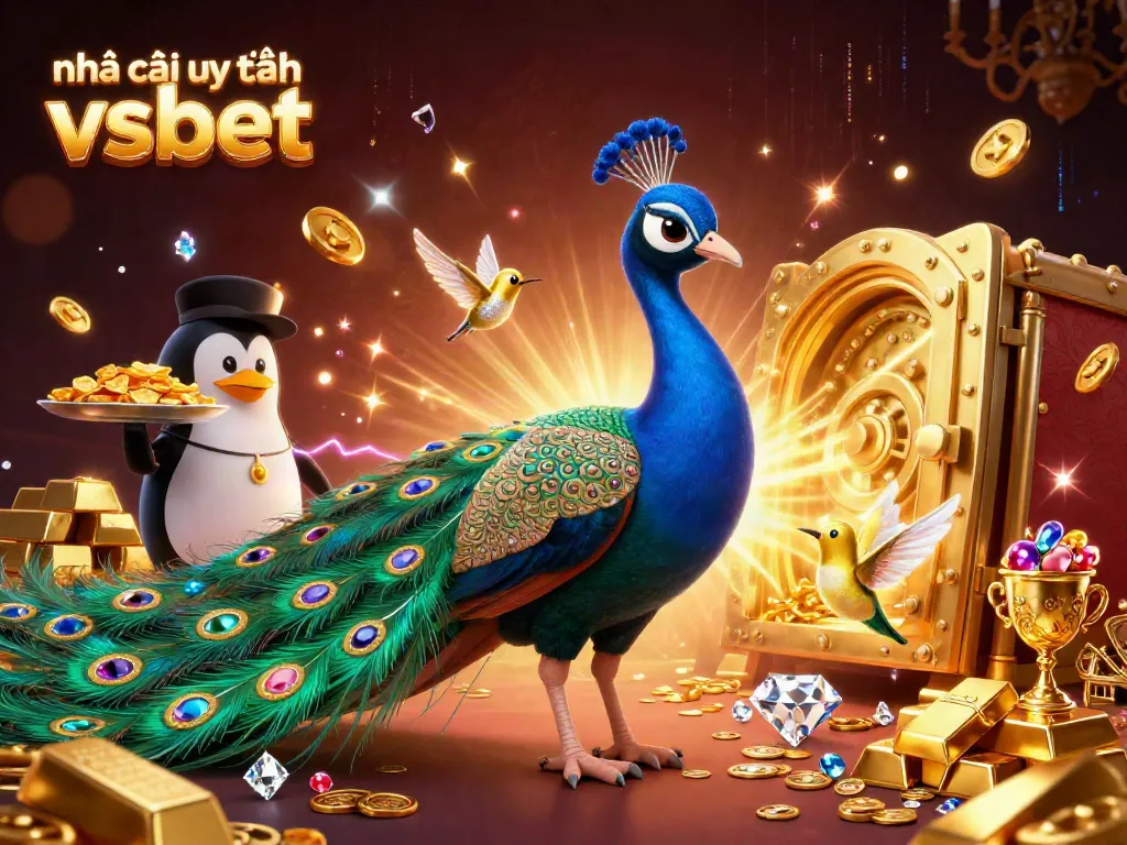 Engage with the vibrant spectacle of nhà cái uy tín vsbet, featuring a dazzling peacock, waiter penguin, and hummingbird amidst treasures.