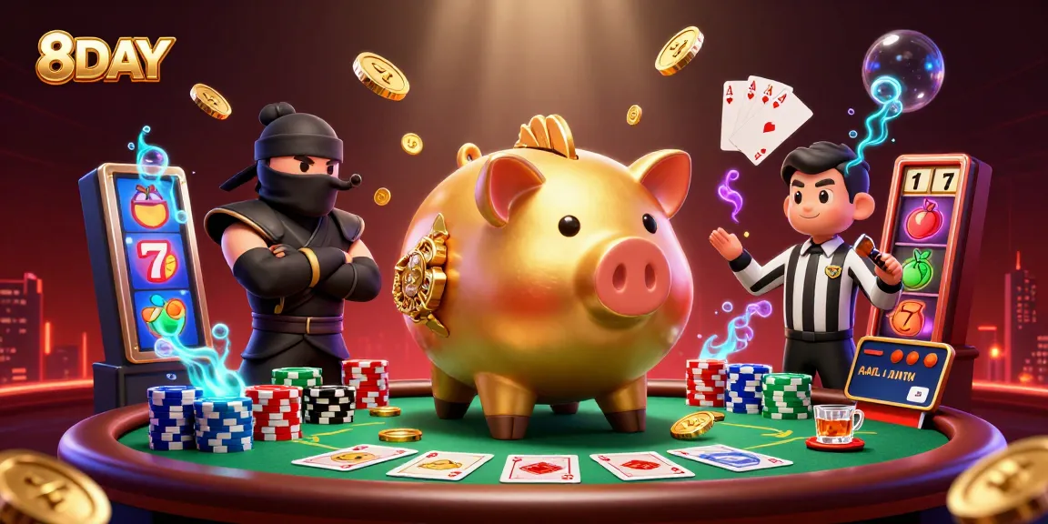 8DAY gaming action showcasing a colossal sumo piggy bank and ninja characters amid vibrant casino elements.