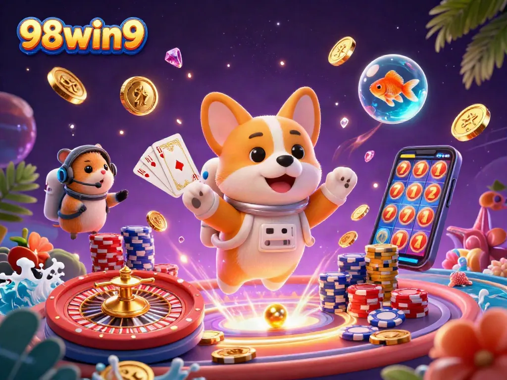 Experience the thrill of 98win9 with a vibrant illustration of gambling excitement in space.
