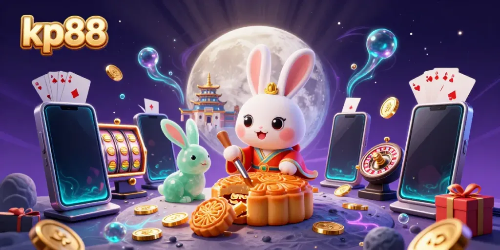 Experience dynamic gameplay at kp88 with a moon rabbit revealing poker chips in a vibrant casino scene.
