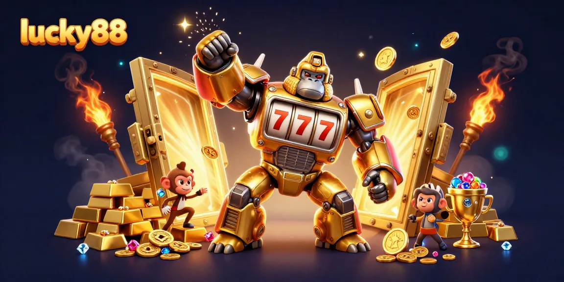 Spin to win at lucky88 with a dynamic 3D gorilla mech, coins, and treasures!