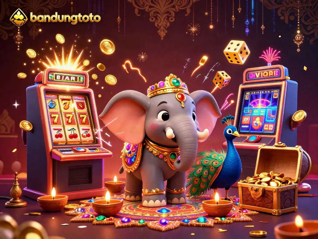 Experience thrilling wins with bandungtoto's colorful casino scene filled with vibrant characters and exciting jackpot elements.