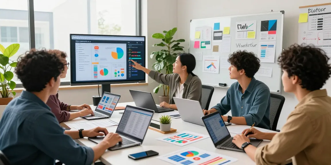 Tim profesional di GEGESLOT berdiskusi strategi pemasaran digital di ruang kantor yang modern.