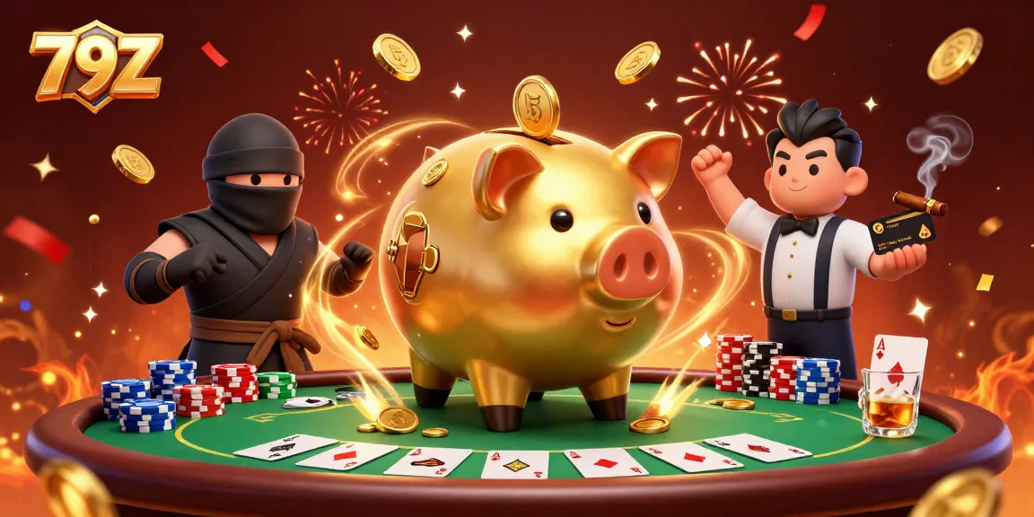 Experience the thrill of 79Z gaming with a golden piggy bank sumo wrestler in a dynamic casino showdown.