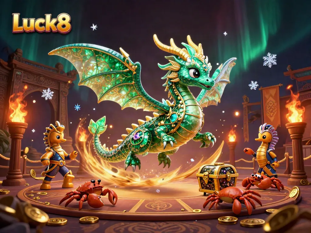 Engage with Luck8's vibrant world, featuring a dragon and treasure in a dynamic casino scene.