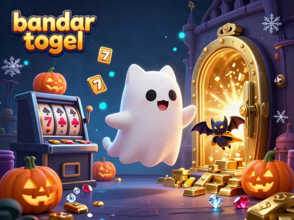 Engage in thrilling bandar togel gameplay with a ghost cat, treasures, and a magical casino backdrop.
