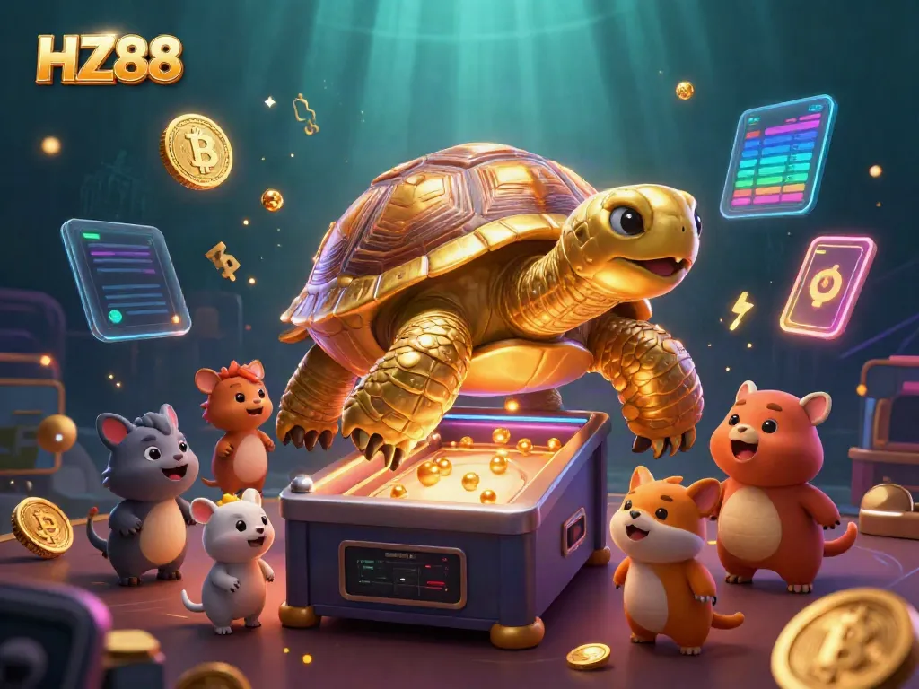 Experience the HZ88 casino thrill with dynamic golden tortoise pinball amidst crypto elements.