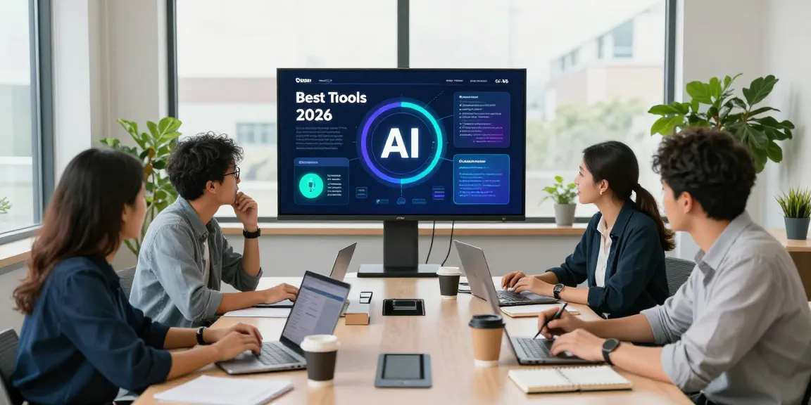 Team discussing the best AI tools for productivity in a modern workspace.