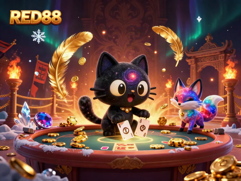 Win at RED88 with a lucky black hole cat and nebula fox at a cosmic casino table filled with gold chips.