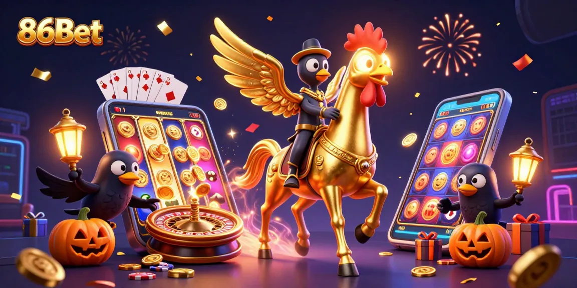 Engage in the vibrant world of 86Bet with a golden rooster and casino excitement.
