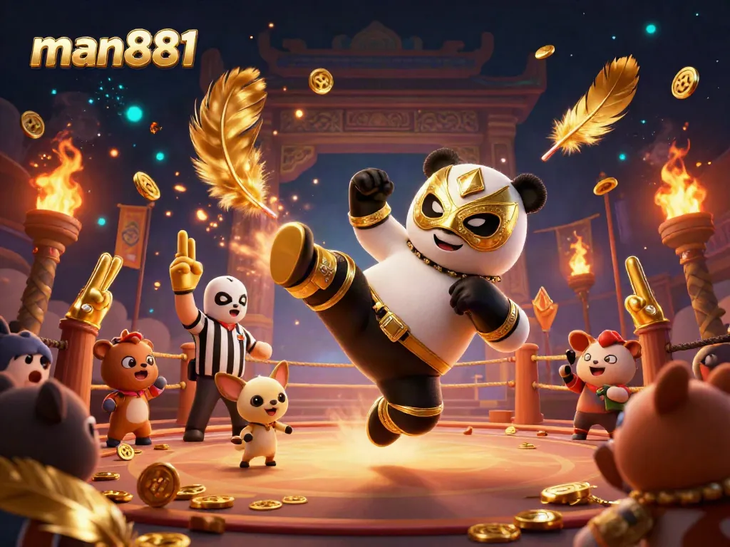 man881 showcases a thrilling wrestling scene with a panda in luchador gear, capturing the excitement of online gambling.