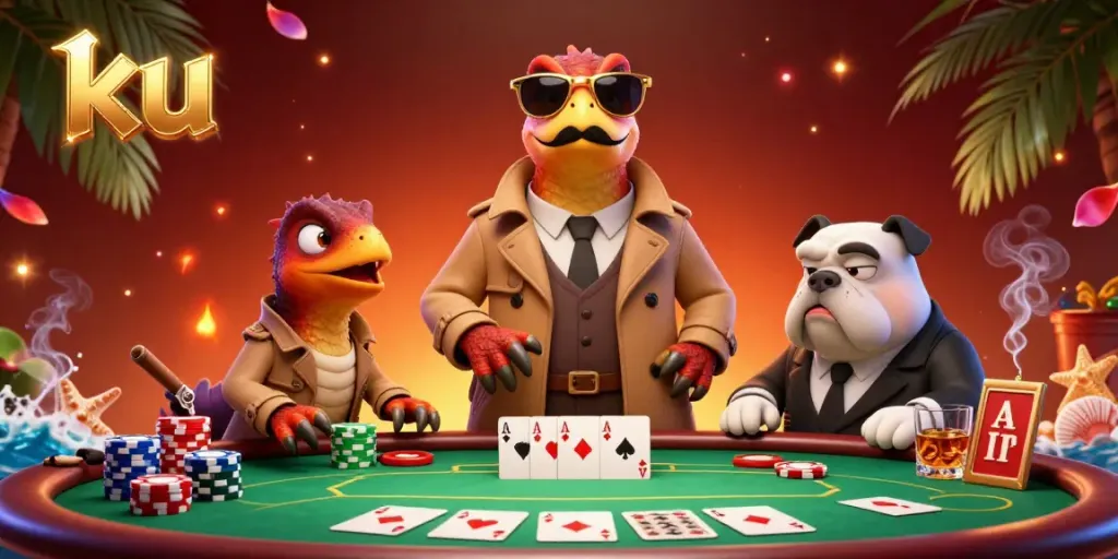 Raptors disguised in a trench coat attempting VIP entry while poker chips and cards surround them at a casino.