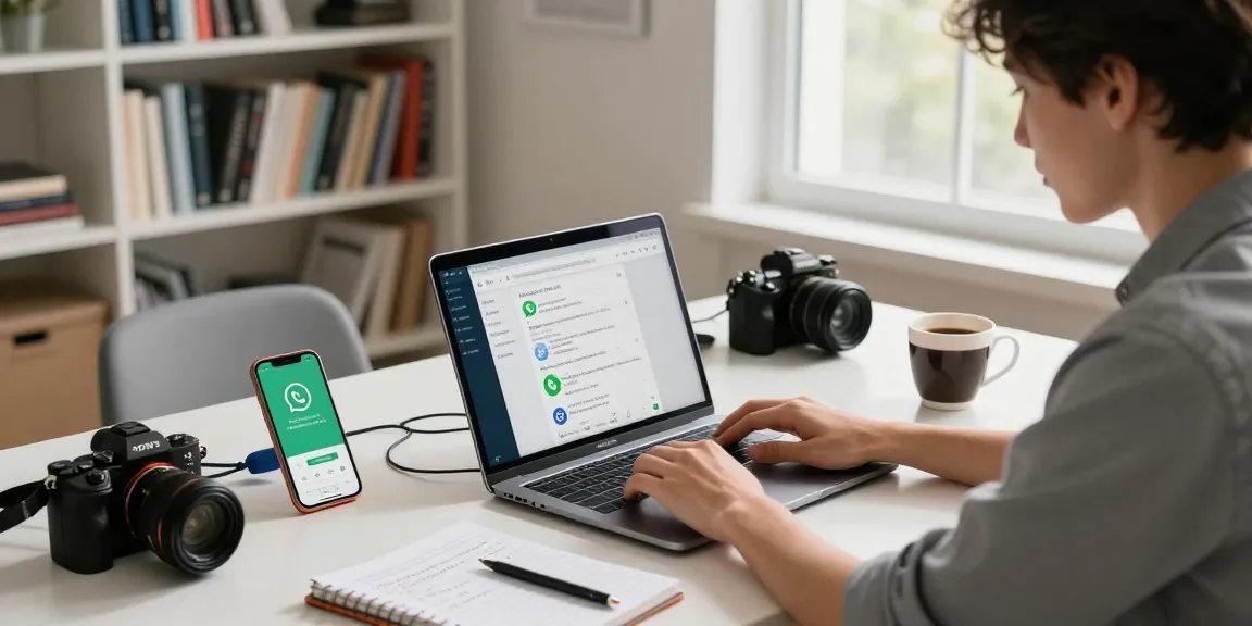 Young professional using WhatsApp下載 on laptop at a modern home office.