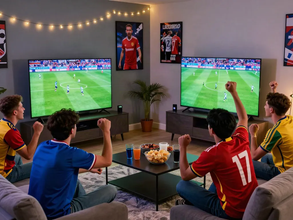 Exciting football viewing experience with friends at home, featuring xoilactv streaming on a smart TV.