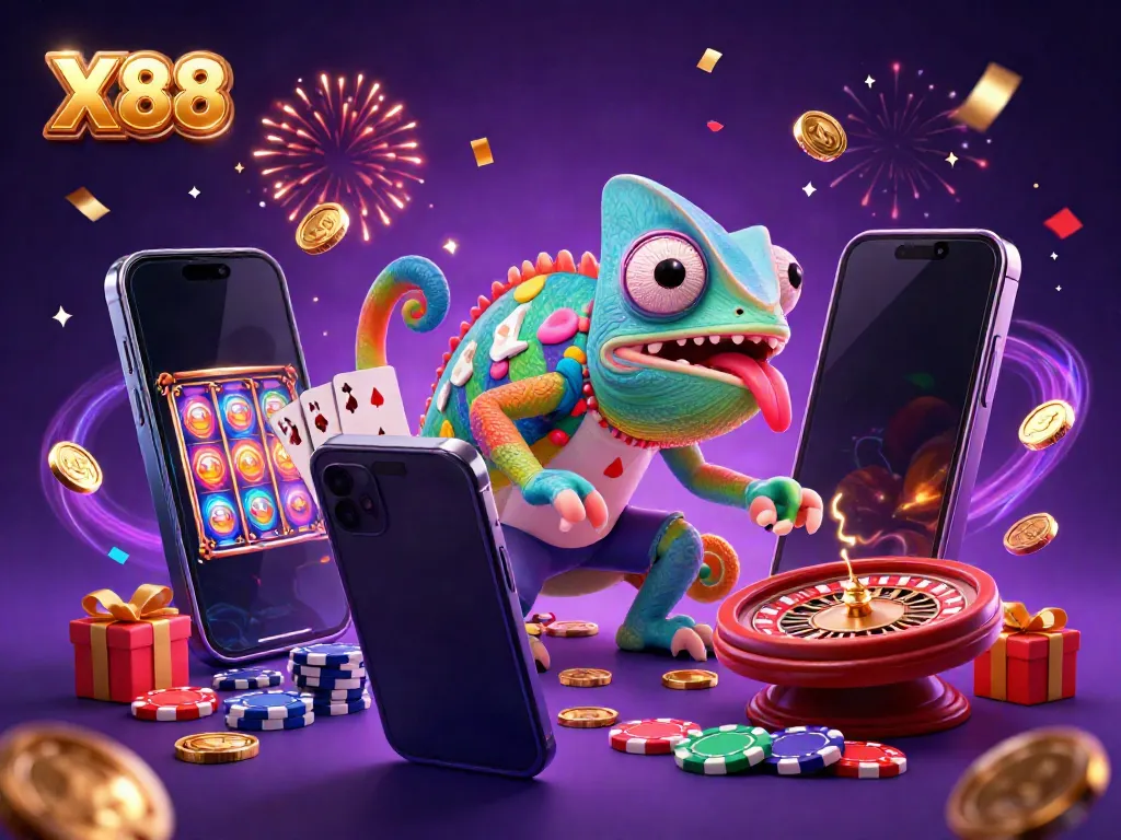 Experience the vibrant casino world of X88 with a lively chameleon and dynamic gaming elements.