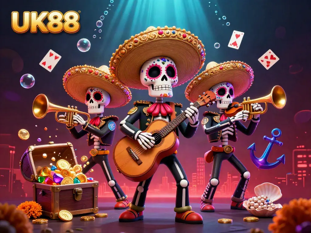 Experience vibrant gameplay with UK88's mariachi band amidst underwater treasures and casino elements.