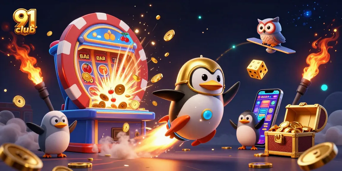 Engage with 91 club as a golden penguin navigates a dynamic casino universe, collecting coins.