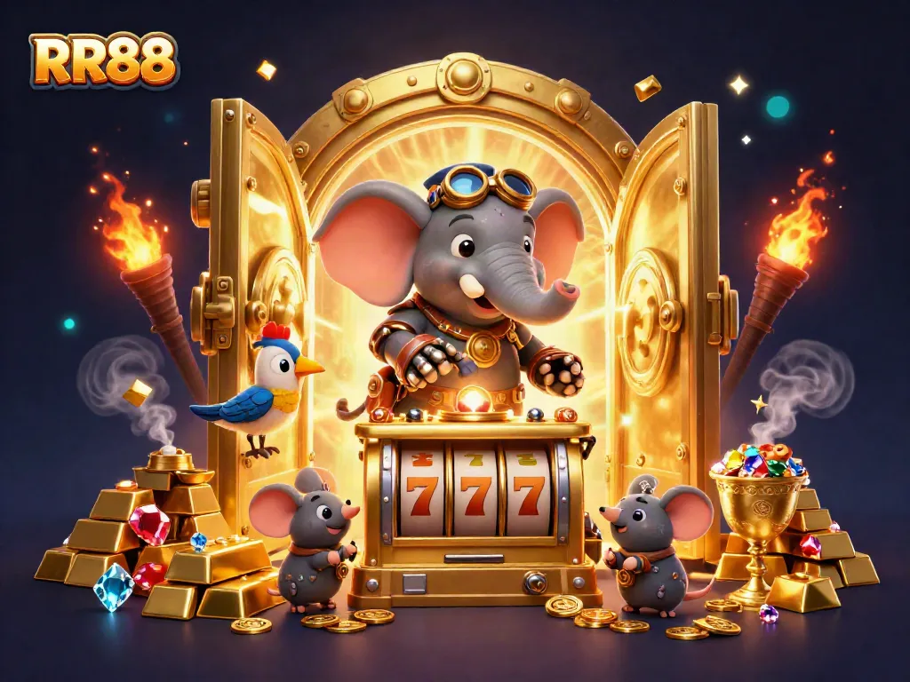 Experience thrilling wins at RR88 with a vibrant illustration of a steampunk elephant engineer and golden slot machine.