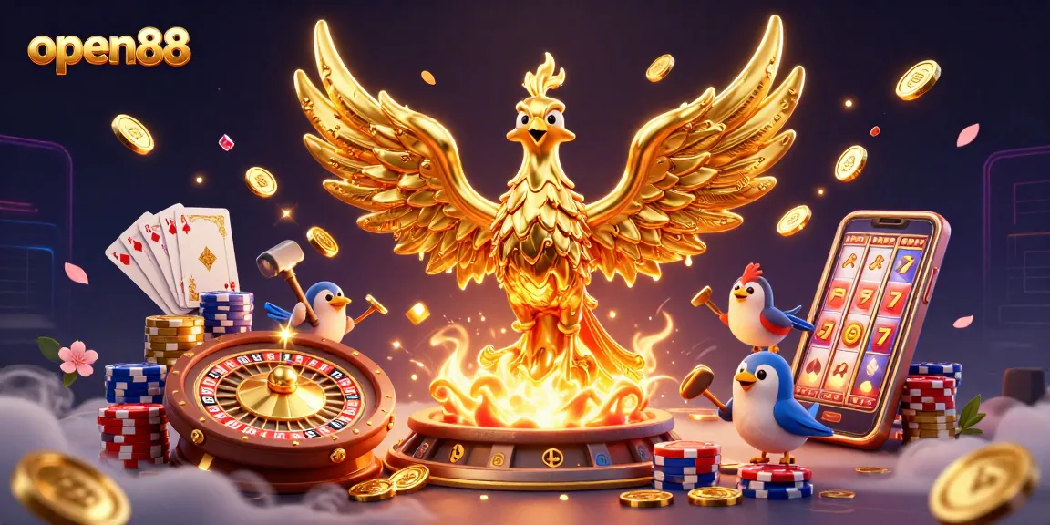 Experience the thrill of open88 with a captivating 3D scene of a molten phoenix and vibrant casino elements.