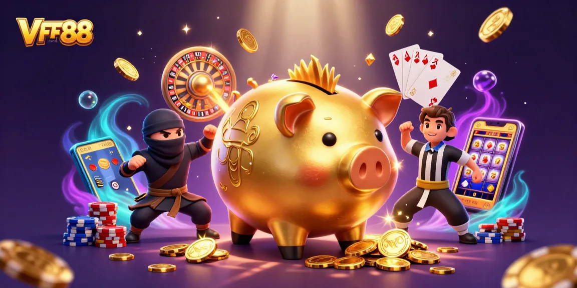 Experience the excitement of VFF88 with a cartoon piggy bank sumo wrestler amidst dazzling coins and gems.