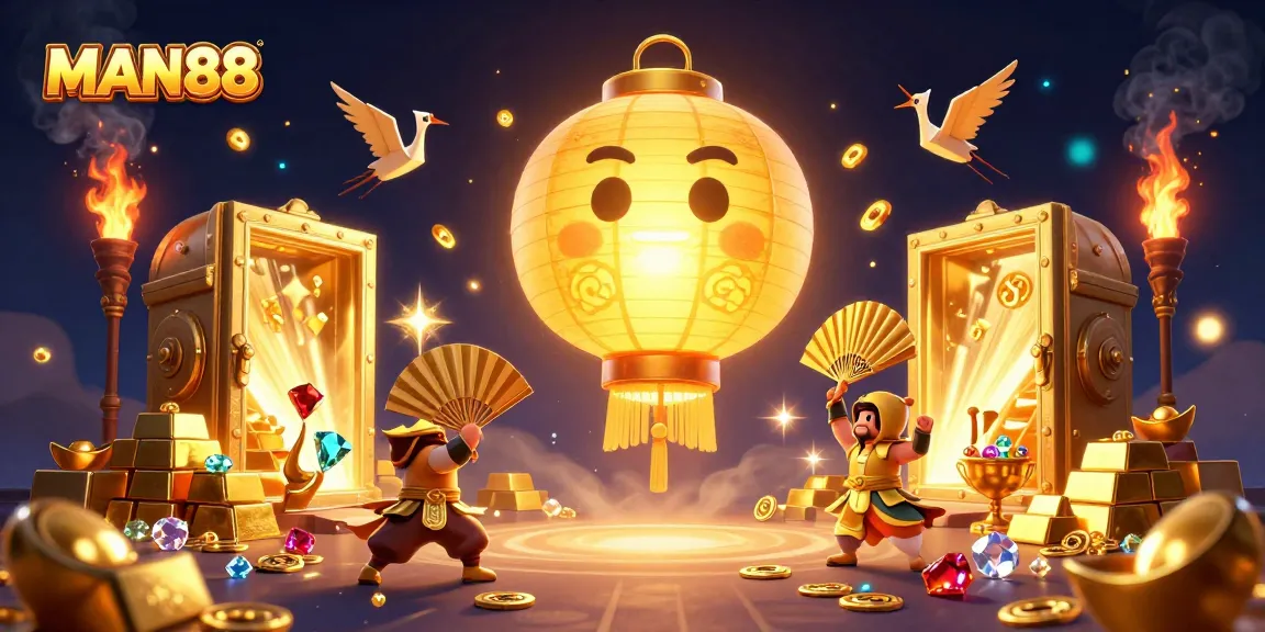 Experience the excitement of MAN88 with golden treasures and mystical characters at the vibrant night market casino.