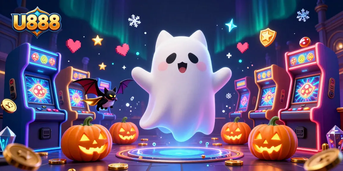 U888 jackpot slots illustrated with ghost cat and vampire bat in haunted casino atmosphere.
