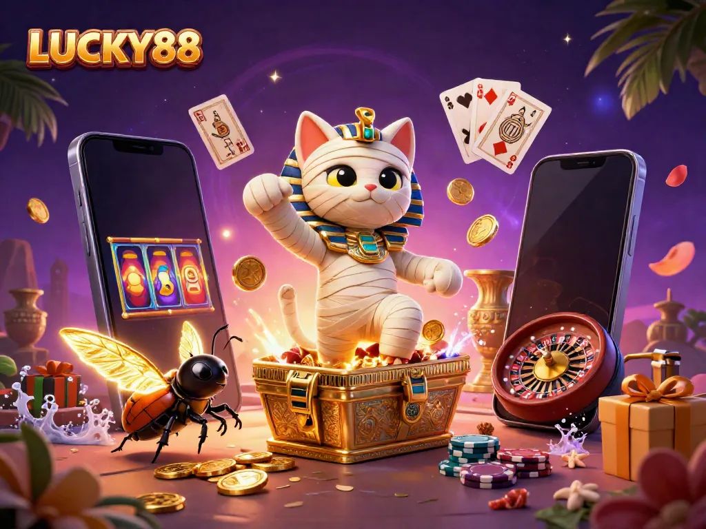 Experience the thrilling world of LUCKY88 with an Egyptian mummy cat and glowing scarab beetle amid dynamic casino elements.