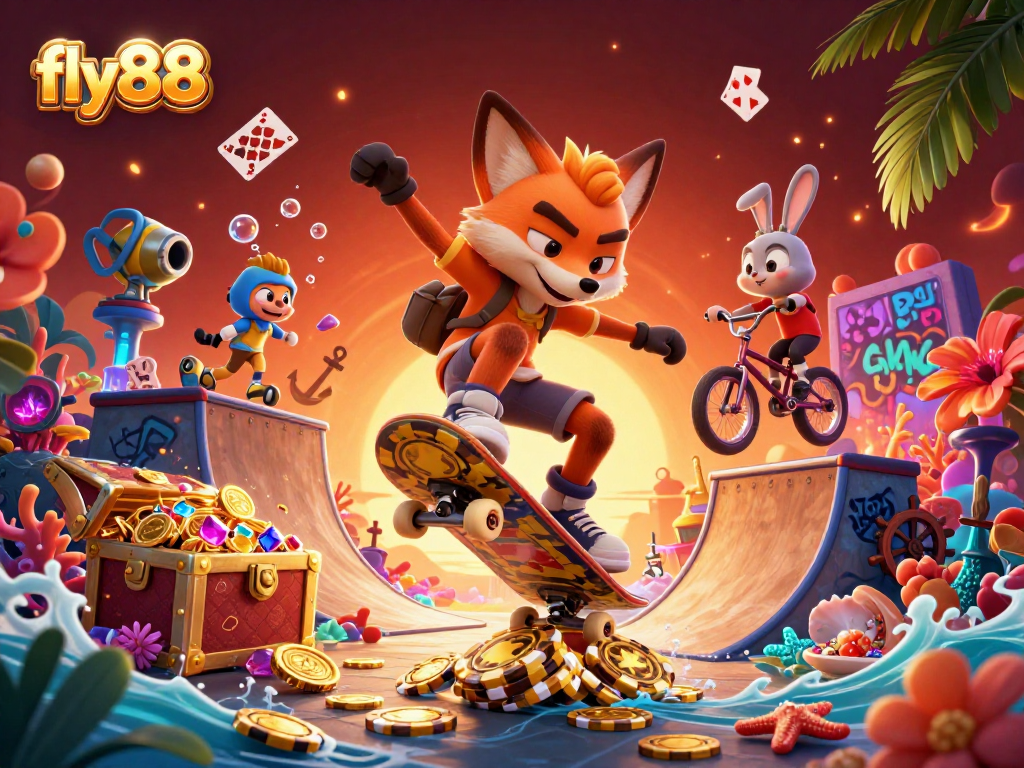 Experience thrilling action at fly88 with vibrant characters and casino excitement in a dynamic illustration.