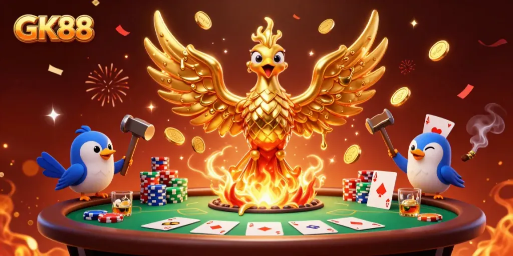 Experience exciting gameplay with GK88 as a golden phoenix emerges from a forge with poker elements.