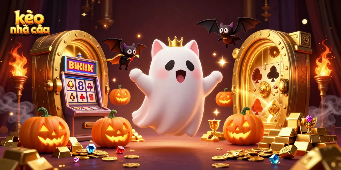 Experience kèo nhà cái excitement with a playful ghost cat and vampire bat in a thrilling casino scene.