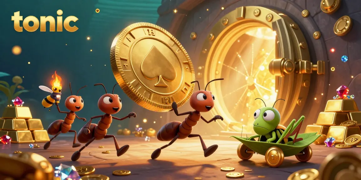 Tonic-inspired 3D cartoon illustration of ants heisting a giant poker chip in a treasure vault.