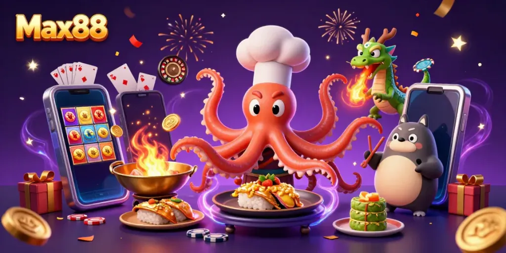 Engage in exciting gaming with Max88 featuring a vibrant octopus chef and dragon in a lively casino.
